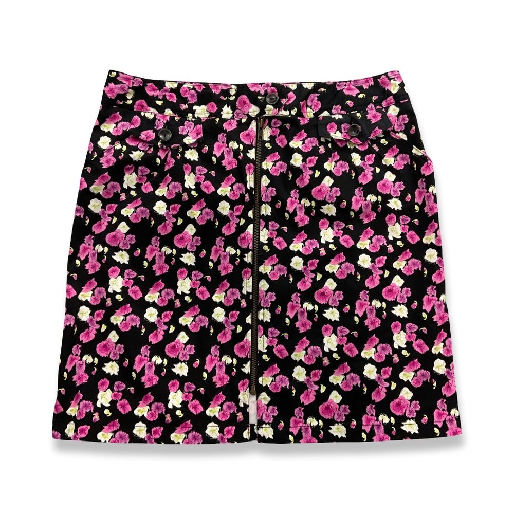Nicole Miller Floral Mini Skirt Women 14 Black Pink Pencil Full Front Zipper Y2K